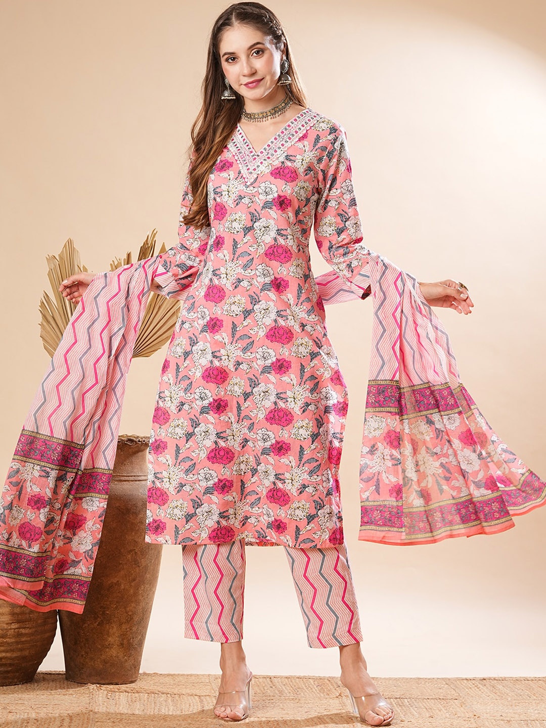 

FASHOR Floral Printed Mirror Work Pure Cotton Straight Kurta With Trousers & Dupatta, Pink