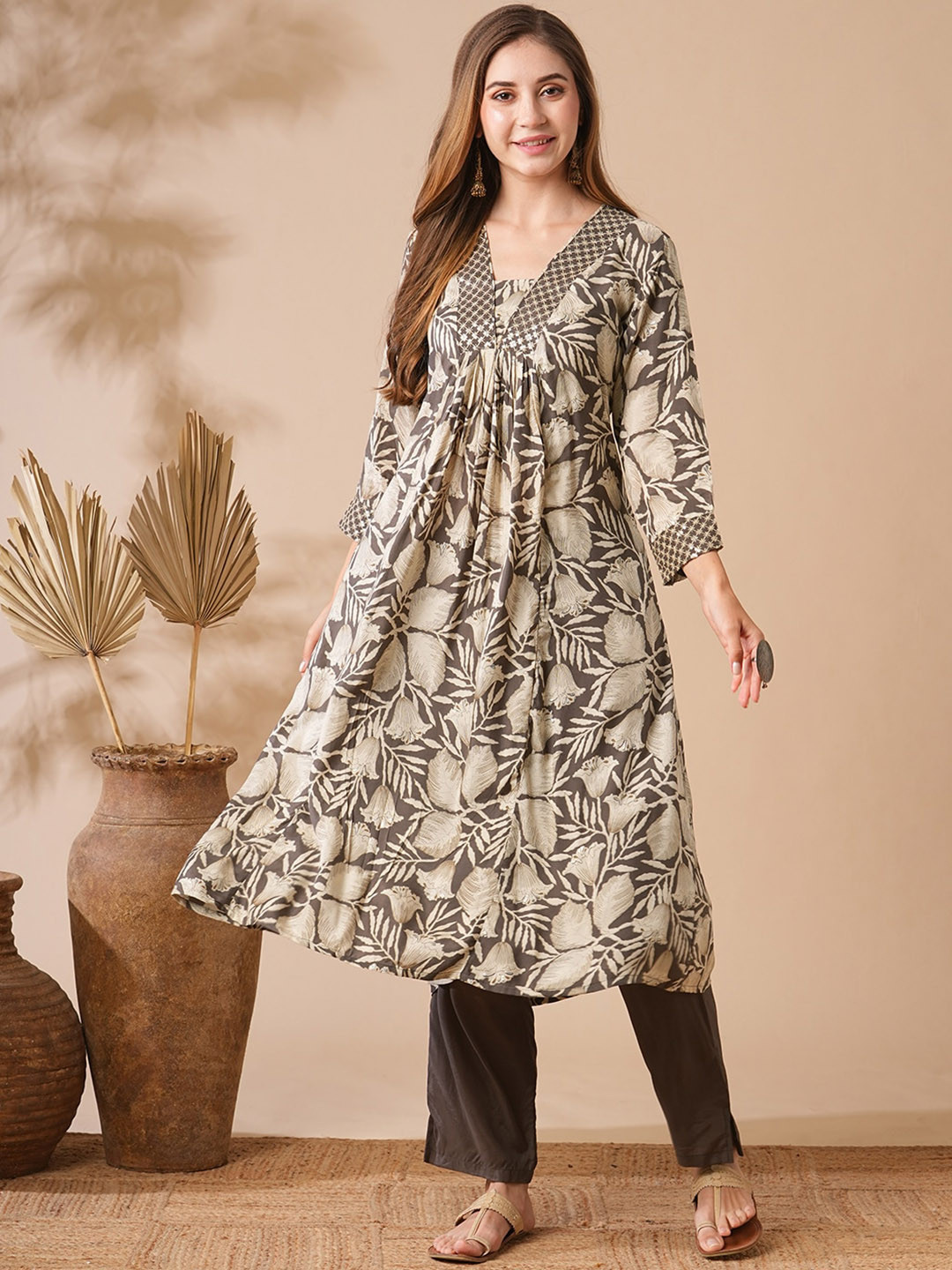 

FASHOR Floral Printed Pleated Sequinned Kurta with Trousers, Brown