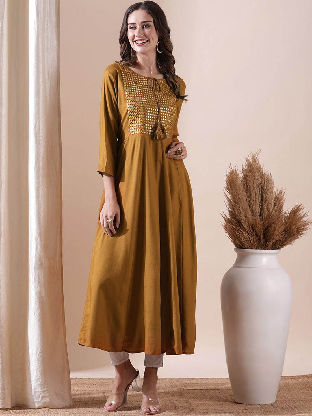 

FASHOR Yoke Design Keyhole Neck Mirror Work Flared Sleeves A-Line Kurta, Mustard