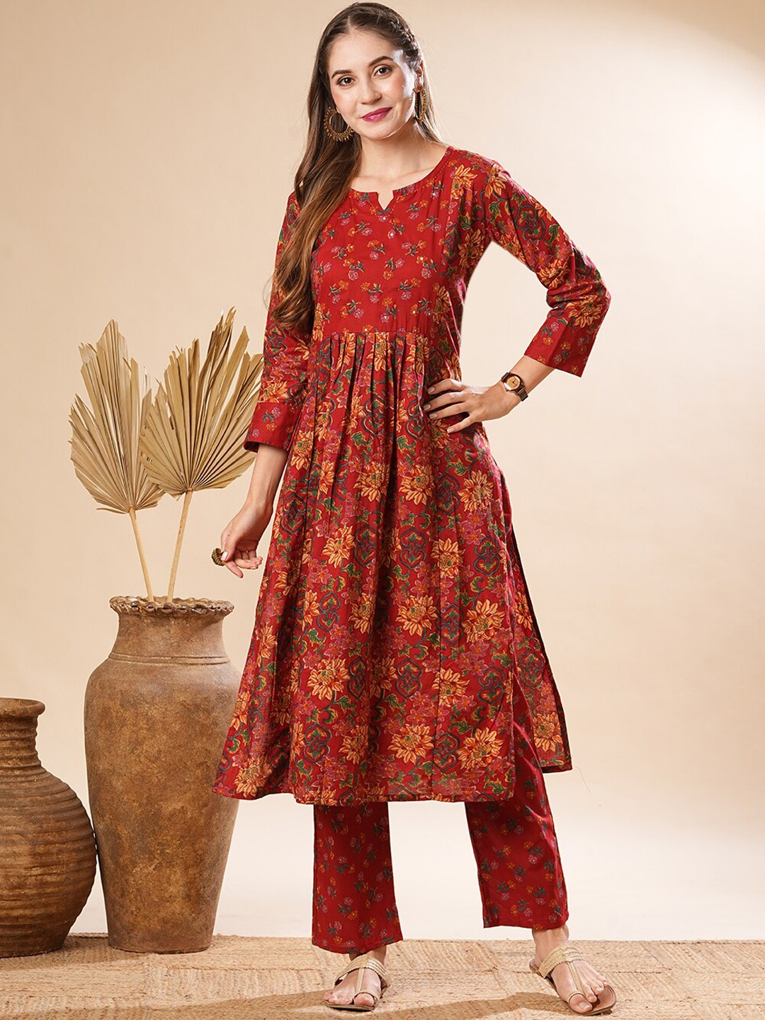 

FASHOR Floral Printed Pleated Pure Cotton A-Line Kurta With Trouser, Maroon