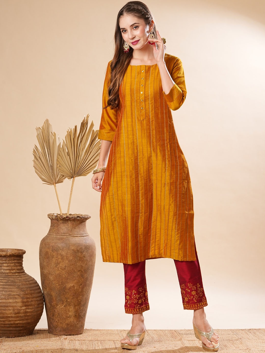 

FASHOR Striped Art Silk Straight Kurta With Trouser, Mustard