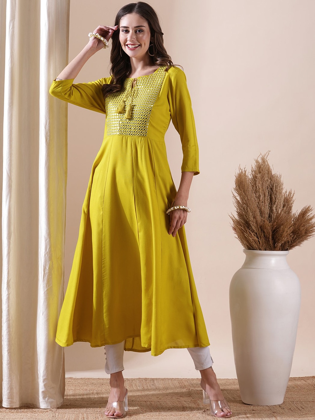 

FASHOR Yoke Design Embroidered Tie Up Neck Anarkali Kurta, Yellow