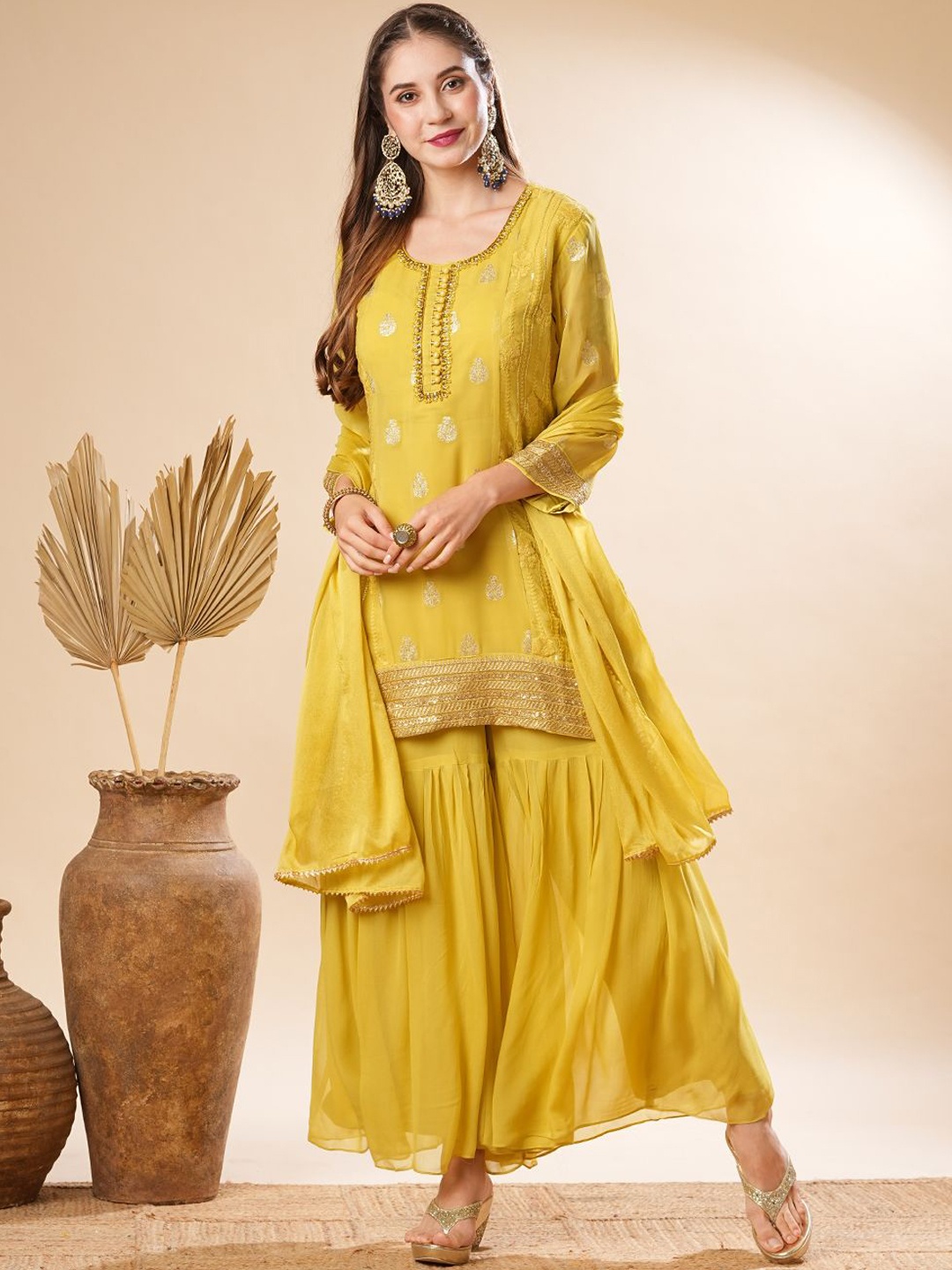 

FASHOR Ethnic Motifs Embroidered Zardozi Georgette Straight Kurti With Sharara & Dupatta, Lime green