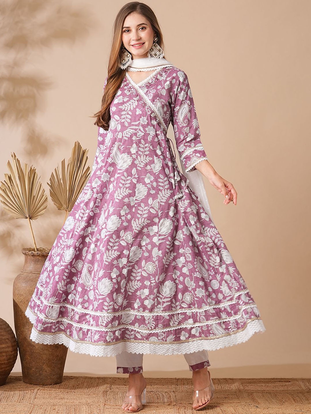 

FASHOR Floral Printed Angrakha Pure Cotton Anarkali Kurta with Trousers & Dupatta, Mauve