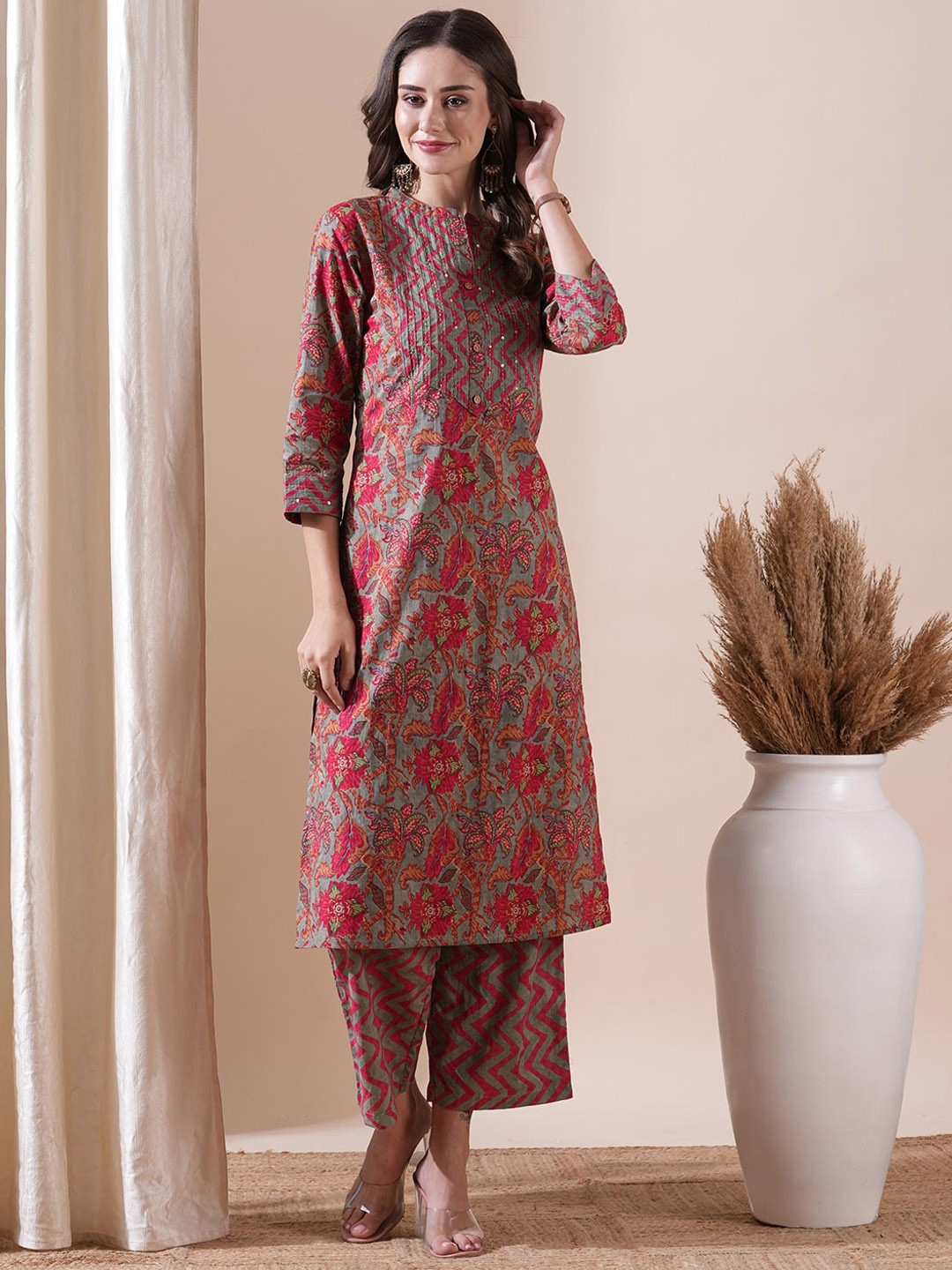 

FASHOR Floral Printed Thread Work Pure Cotton Mandarin Collar Straight Kurta With Palazzo, Grey