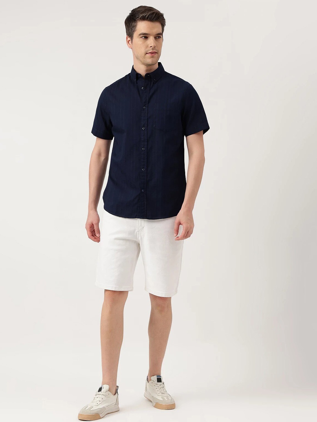 

Marks & Spencer Self Design Button-Down Collar Pure Cotton Casual Shirt, Navy blue