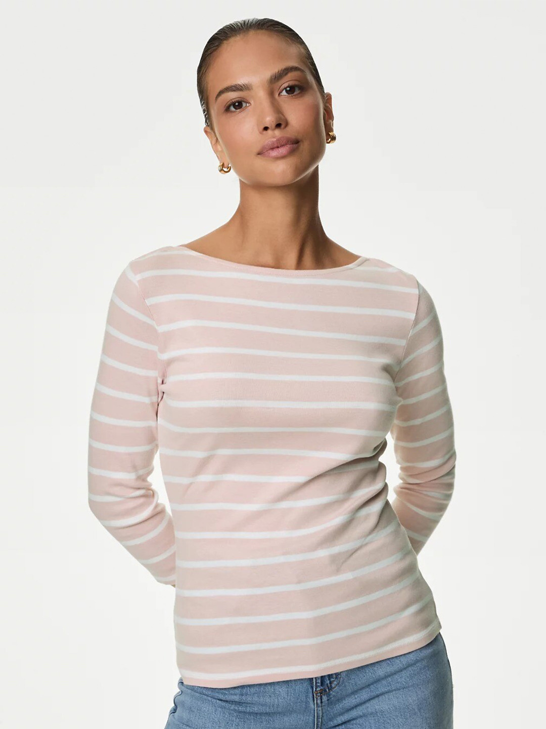 

Marks & Spencer Striped Boat neck Pure Cotton T-shirt, Pink