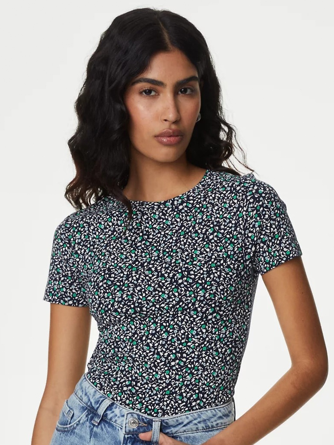 

Marks & Spencer Floral Printed Pure Cotton T-shirt, Navy blue