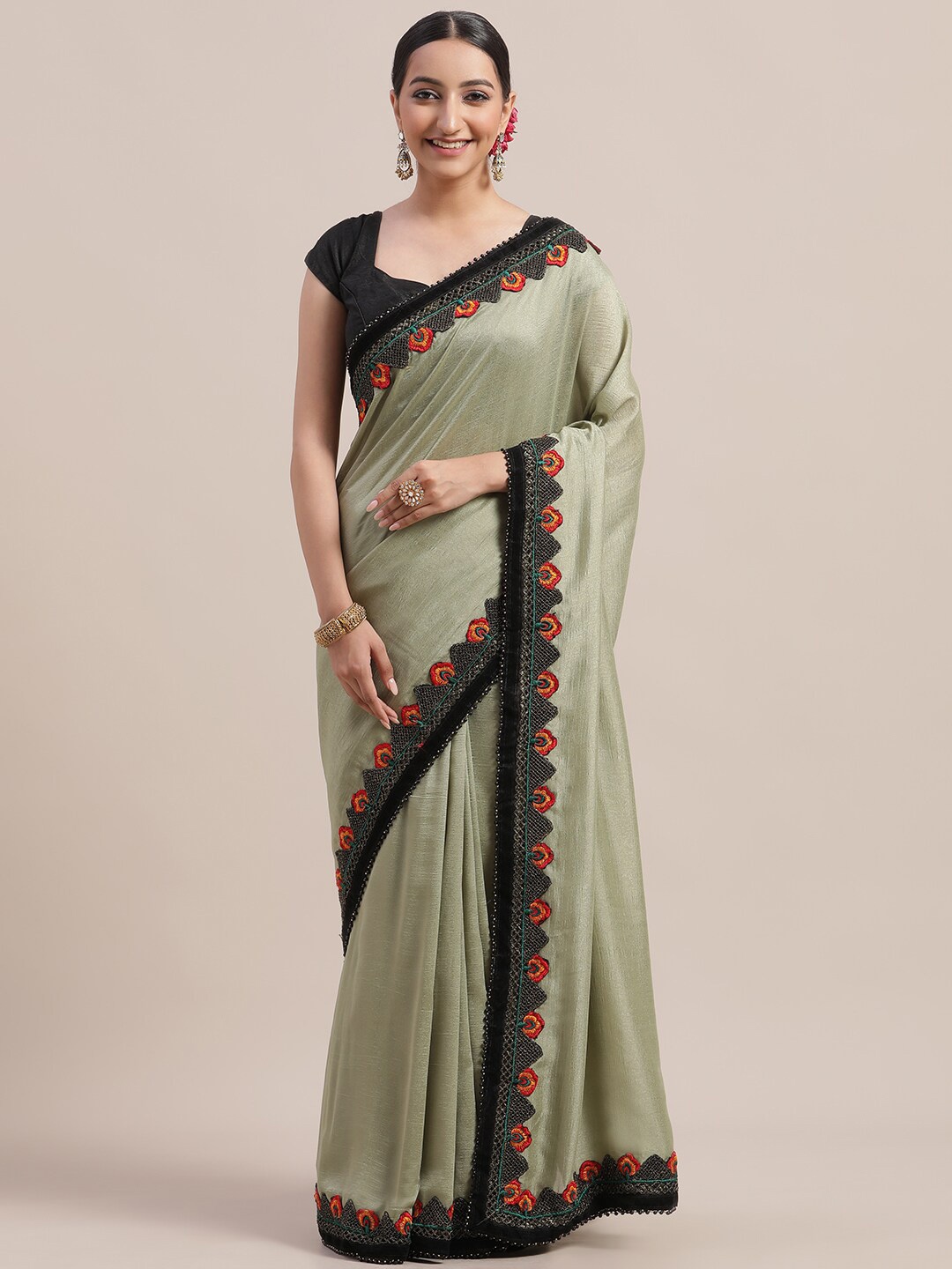 

Jhilmil Fashion Floral Silk Blend Saree, Sea green