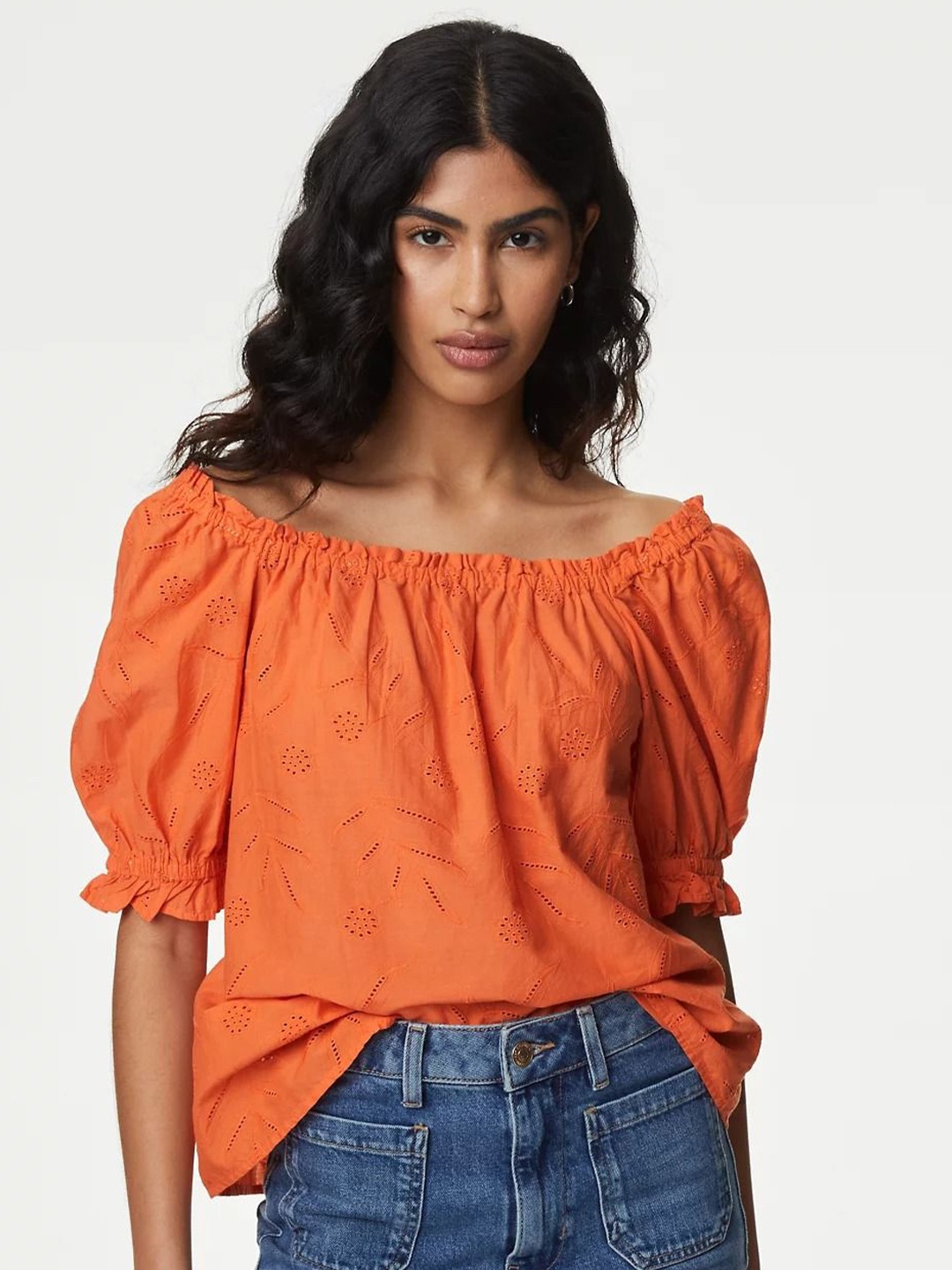 

Marks & Spencer Floral Self Design Off-Shoulder Puff Sleeve Pure Cotton Top, Orange