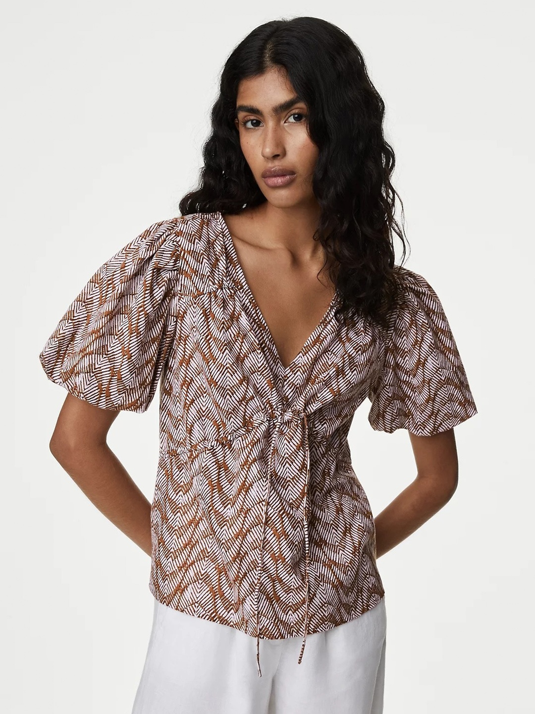 

Marks & Spencer Abstract Printed V-Neck Pure Cotton Top, Brown