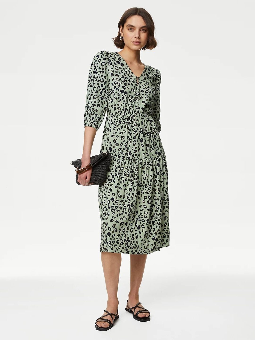 

Marks & Spencer Abstract Printed Puffed Sleeves Tiered A-Line Midi Dress, Green