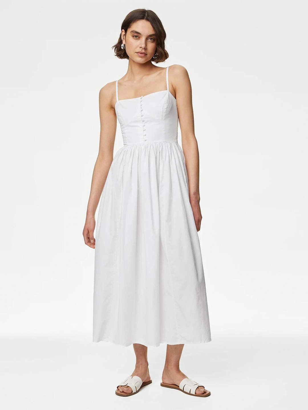 

Marks & Spencer Shoulder Straps Smocked Pure Cotton Fit and Flare Maxi Dress, White