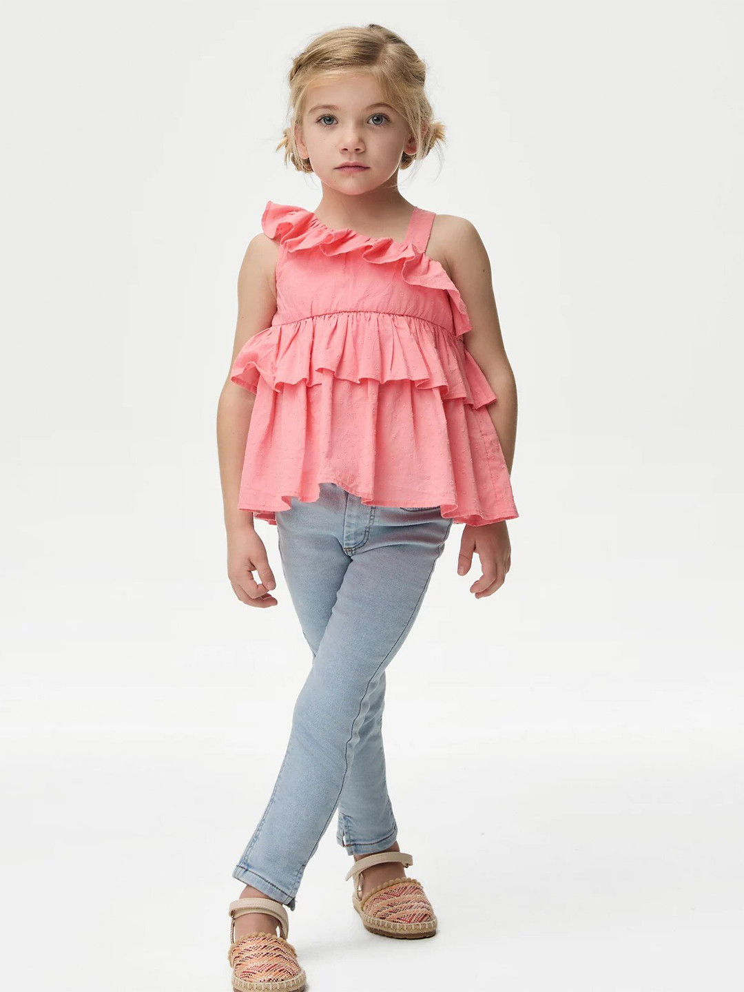 

Marks & Spencer Girls Self Design One Shoulder Layered Pure Cotton Tiered Top, Pink