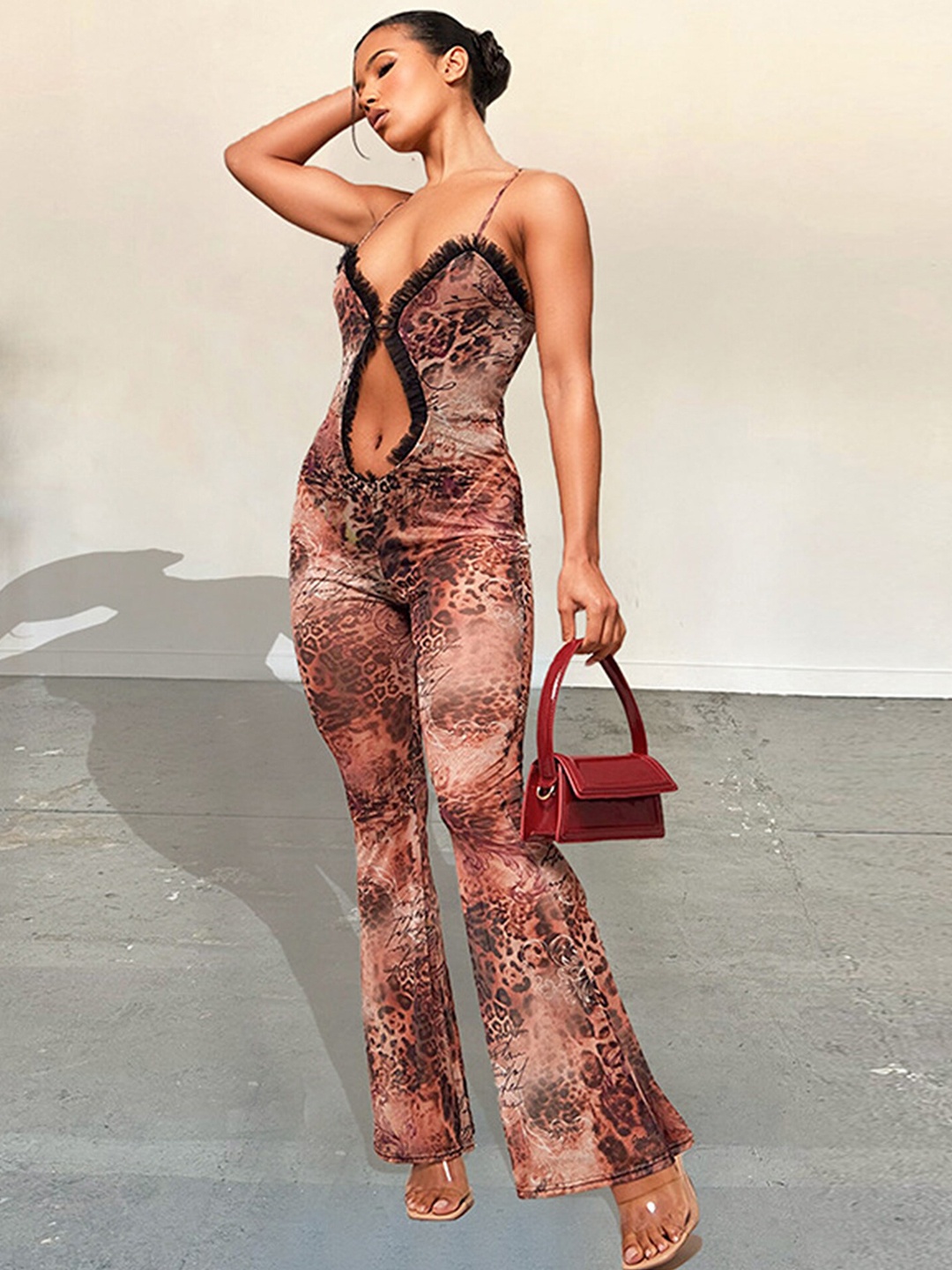 

LULU & SKY Printed Shoulder Straps Cut-out Detail Basic Jumpsuit, Brown