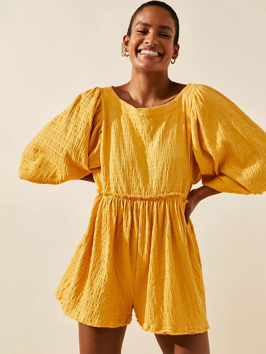 

LULU & SKY Self Design Puff Sleeves Loose Fitted Playsuit, Yellow