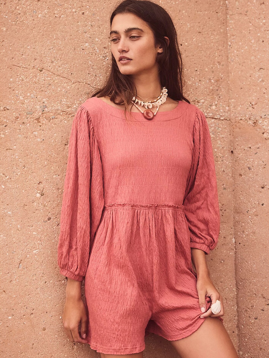 

LULU & SKY Self Design Puff Sleeves Loose Fitted Playsuit, Pink