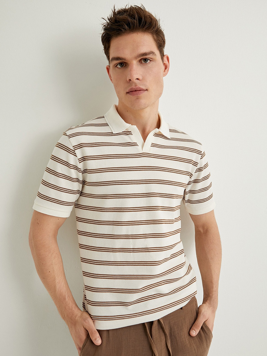 

Koton Horizontal Striped Polo Collar Cotton T-shirt, Brown