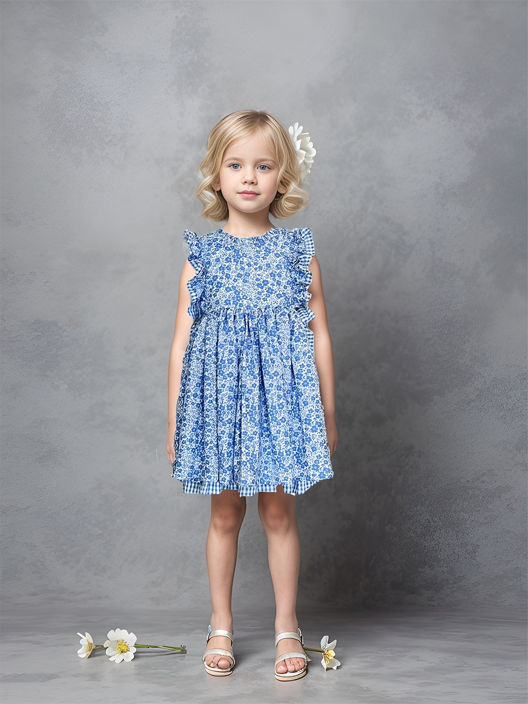 

Safehugs Floral Printed Flutter Sleeves Cotton Fit & Flare Dress, Blue