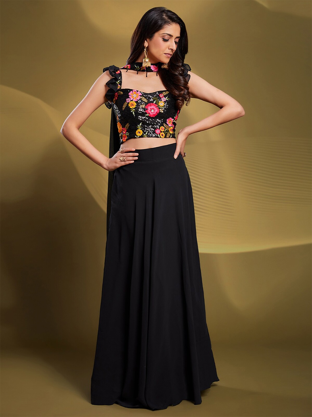 

ODETTE Women Embroidered Ready to Wear Lehenga & Blouse With Dupatta, Black