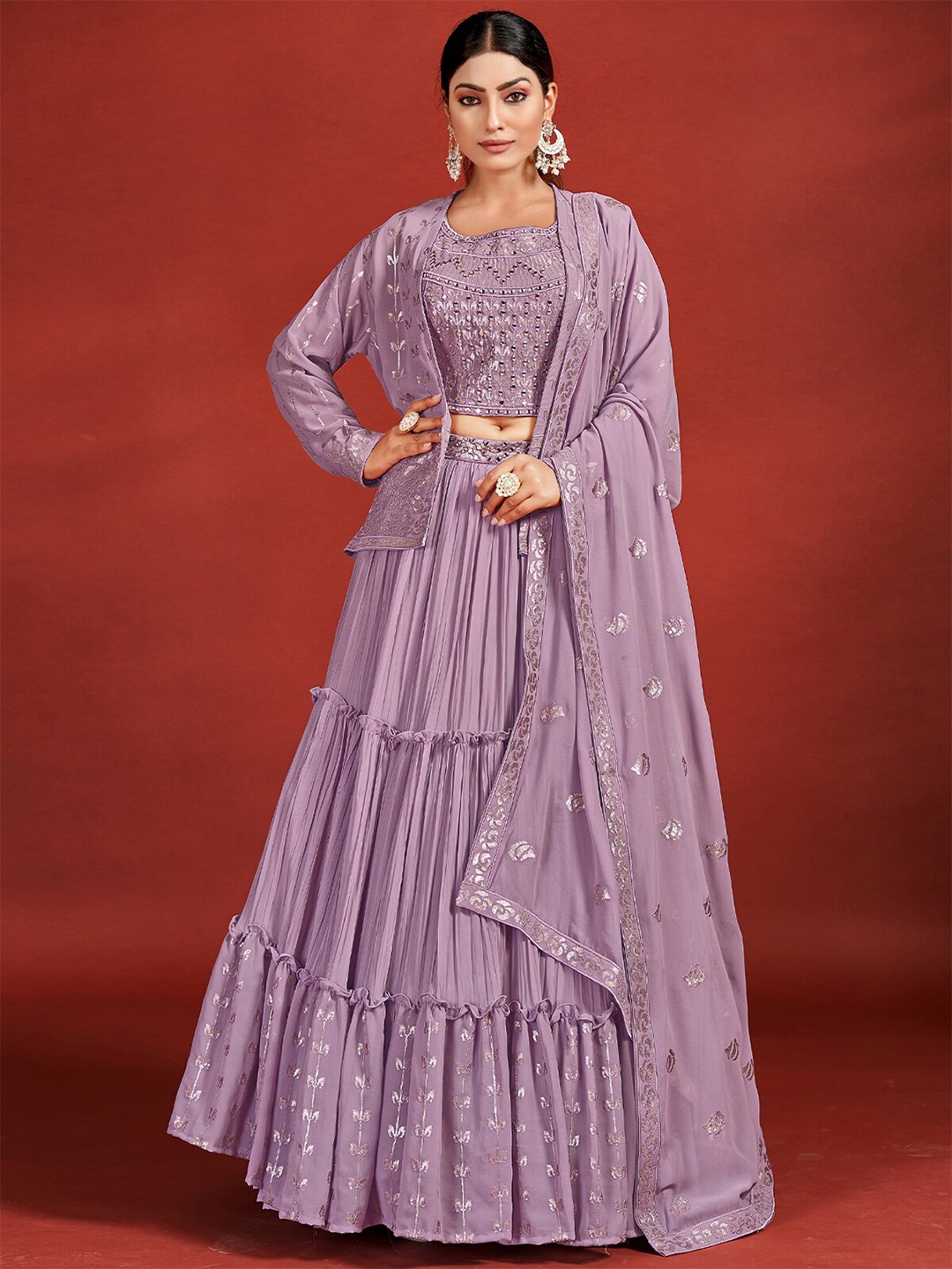 

ODETTE Embellished Mirror Work Ready to Wear Lehenga & Blouse With Dupatta, Purple