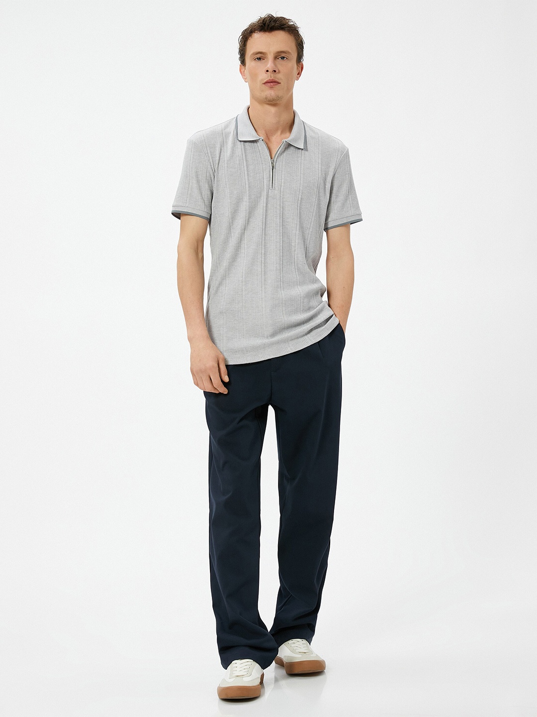 

Koton Striped Polo Collar Short Sleeves Cotton Casual T-shirt, Grey