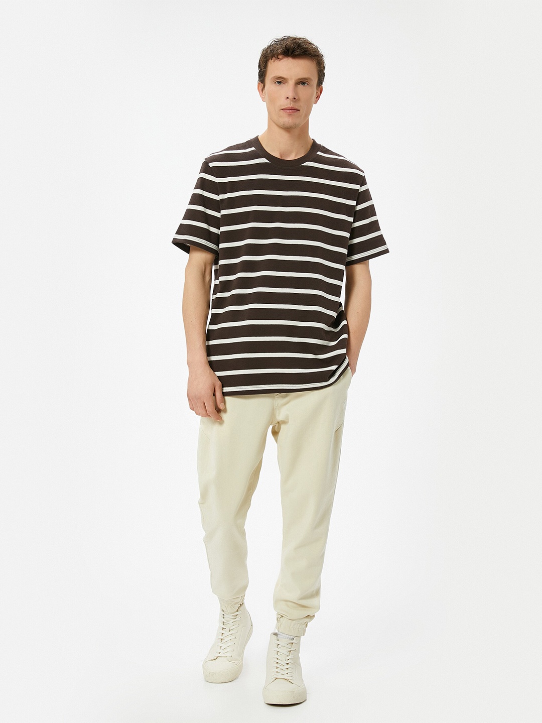 

Koton Striped Round Neck Short Sleeves Cotton T-shirt, Brown