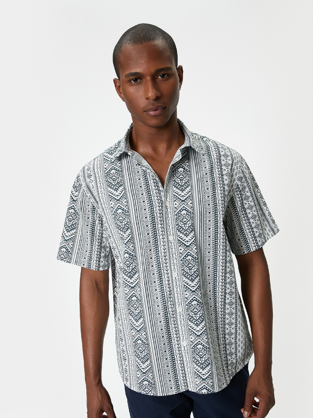 

Koton Spread Collar Short Sleeves Ethnic Printed Regular Fit Casual Shirt, Green