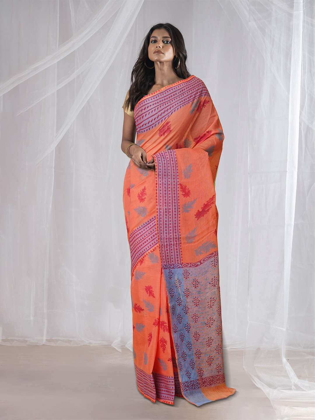 

Unnati Silks Ethnic Motifs Pure Cotton Handloom Mangalagiri Saree, Orange