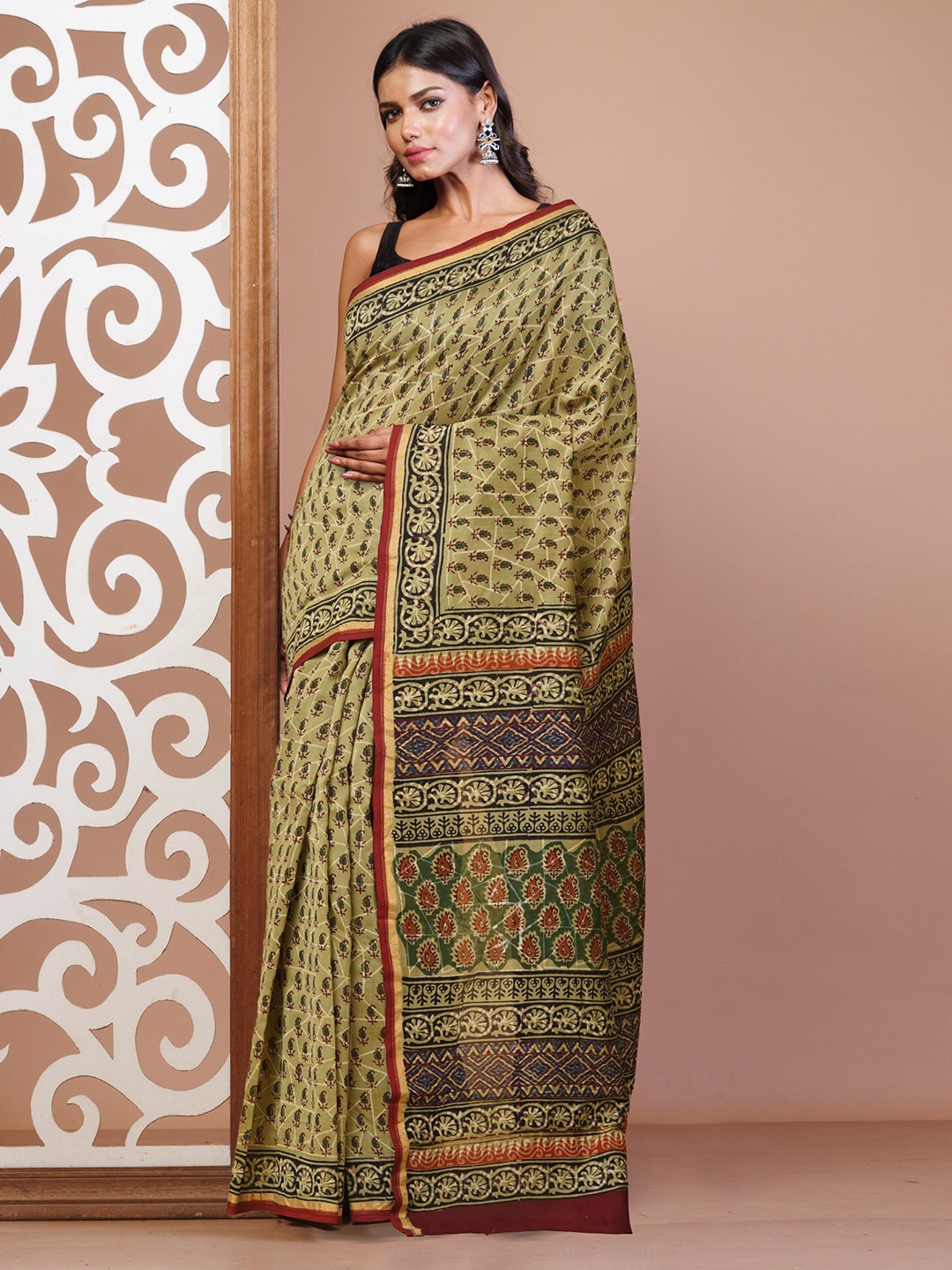 

Unnati Silks Kalamkari Zari Silk Cotton Handloom Chanderi Saree, Green