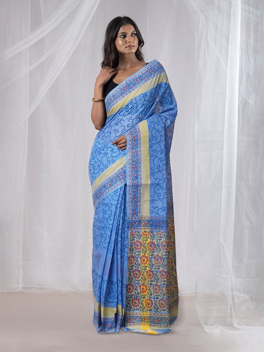 

Unnati Silks Ethnic Motifs Pure Cotton Mangalagiri Saree, Blue