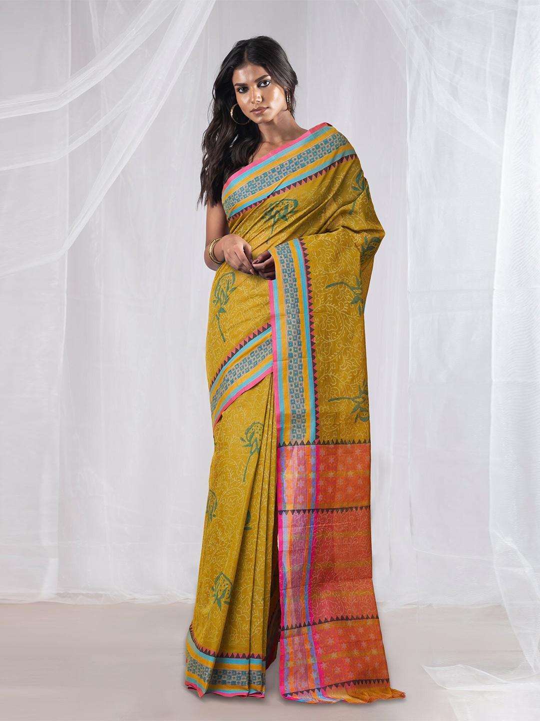 

Unnati Silks Ethnic Motifs Pure Cotton Handloom Mangalagiri Saree, Green