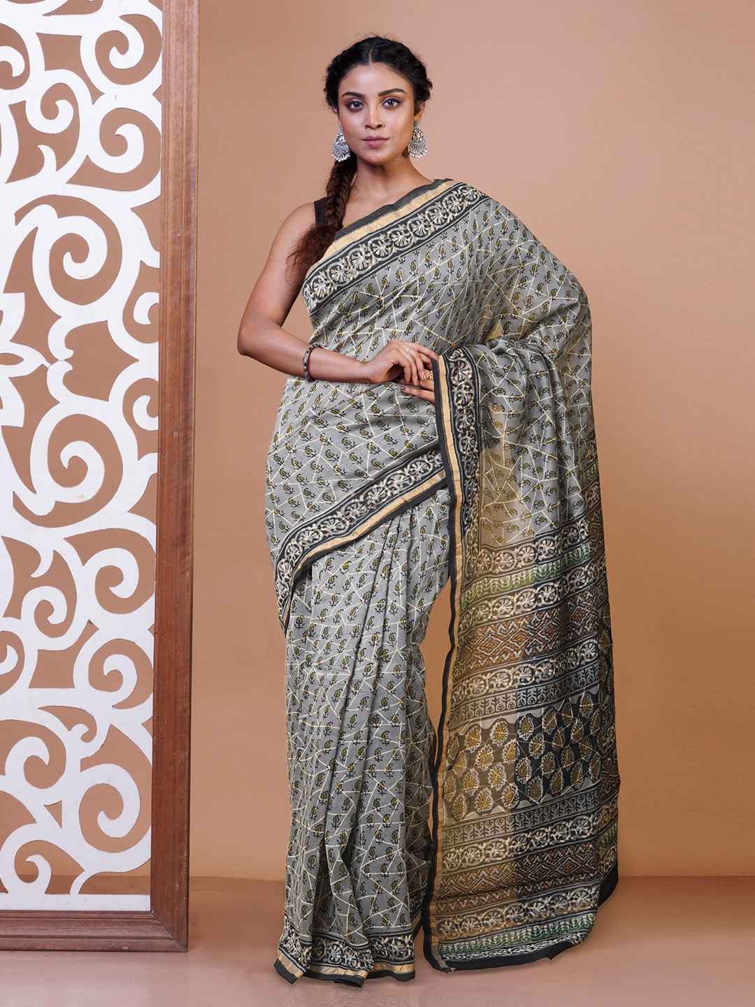 

Unnati Silks Kalamkari Silk Cotton Chanderi Saree, Grey