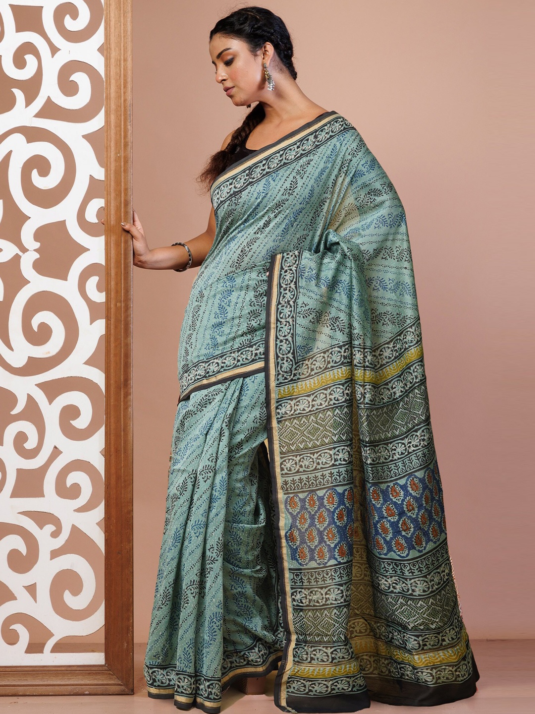 

Unnati Silks Kalamkari Zari Silk Cotton Handloom Chanderi Saree, Blue