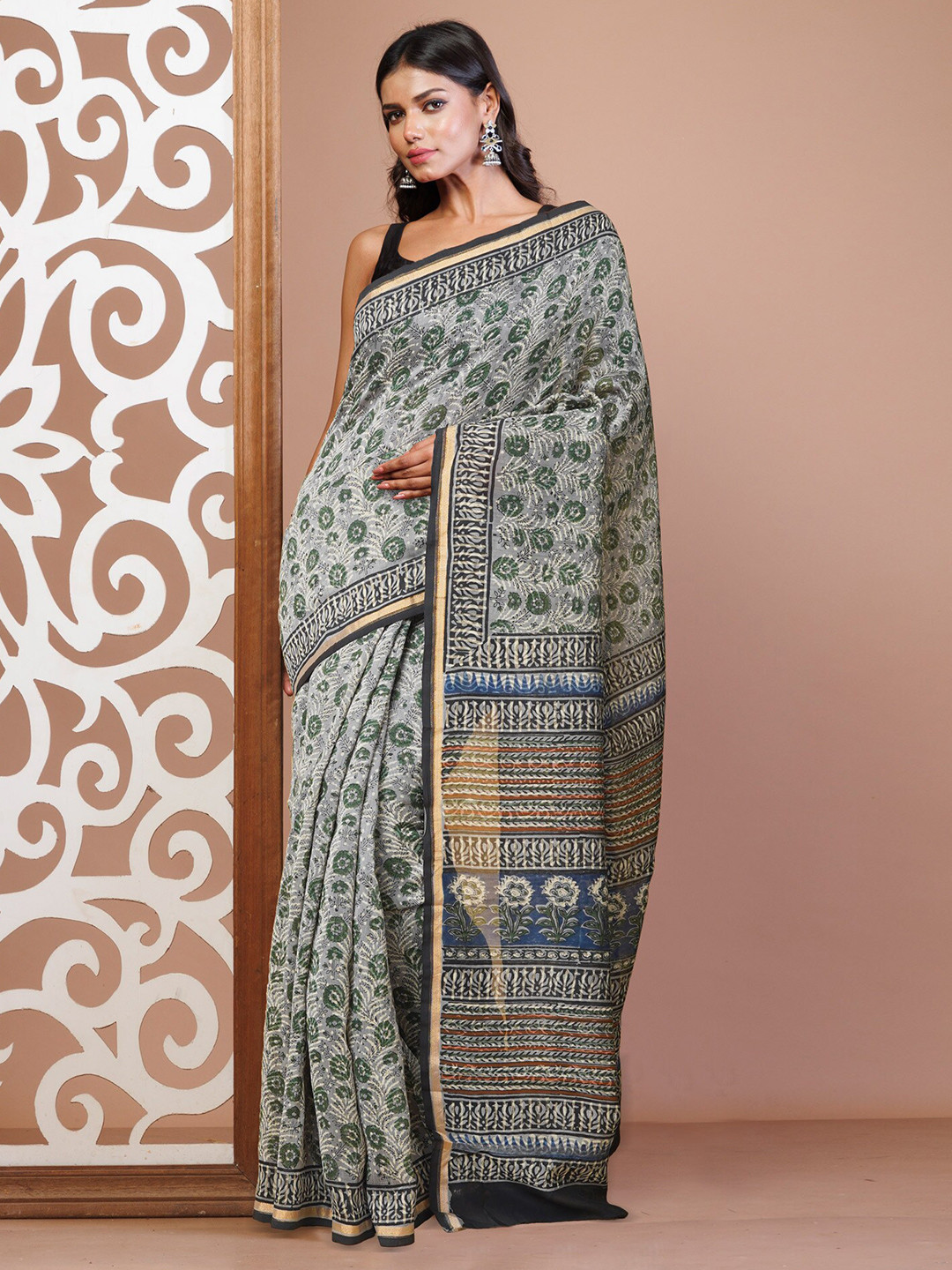

Unnati Silks Kalamkari Zari Silk Cotton Chanderi Saree, Grey