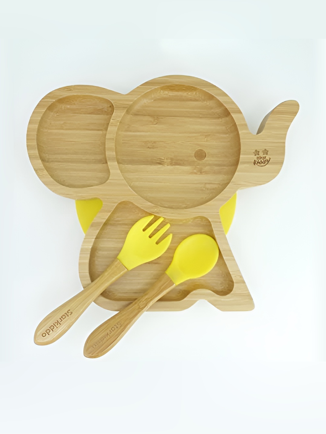 

Starkiddo Brown & Yellow Elephant-Shape Bamboo Plate With Spoon & Fork, Beige