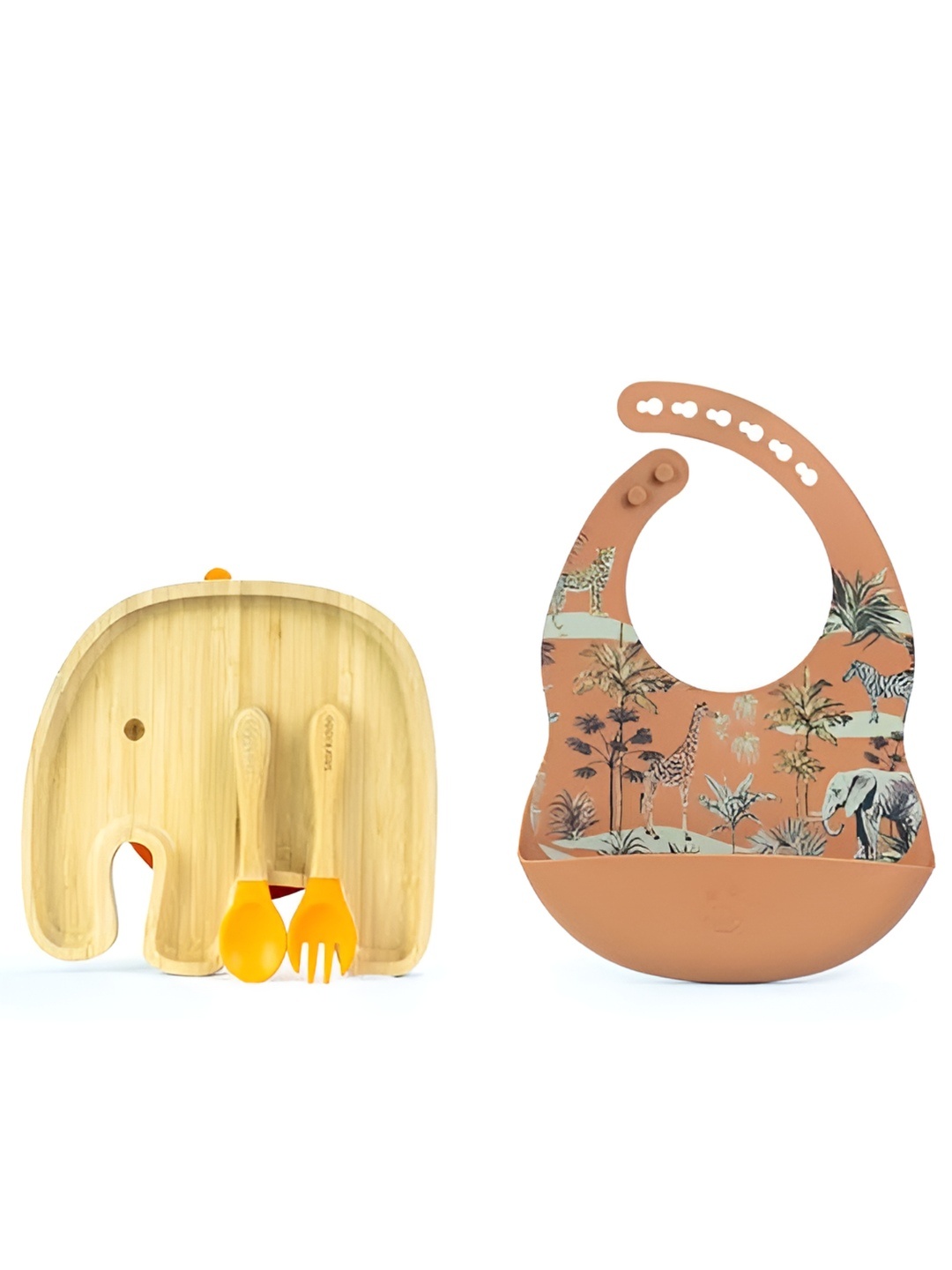 

Starkiddo Brown & Orange-Coloured Elephant-Shape Bamboo Plate With Spoon & Fork