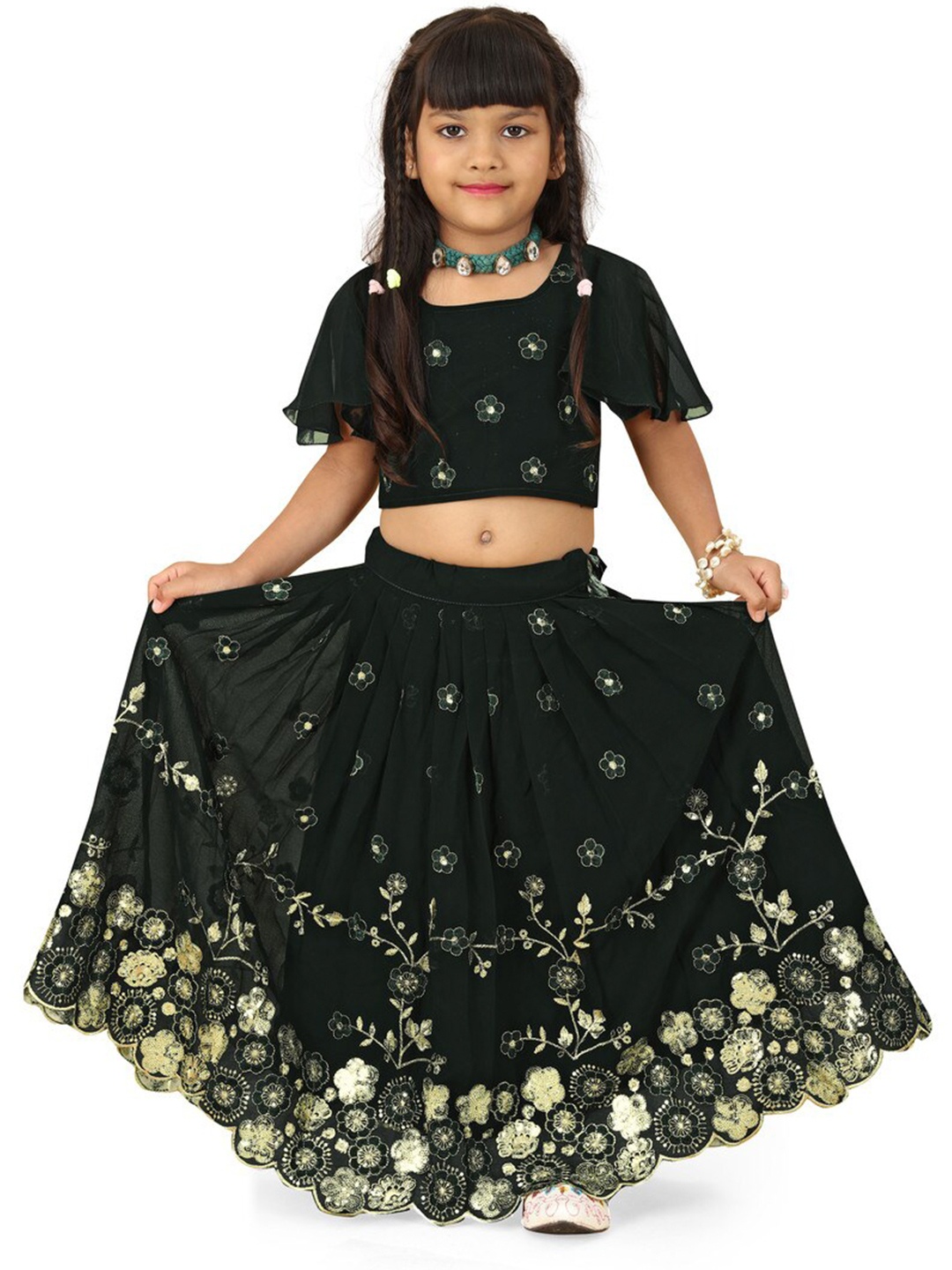 

BAESD Girls Embroidered Flared Sleeves Thread Work Ready to Wear Lehenga With Blouse, Black
