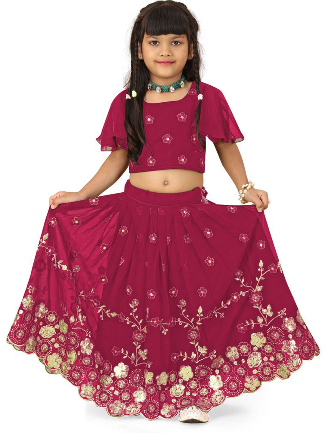 

BAESD Girls Embroidered Flared Sleeves Thread Work Ready to Wear Lehenga With Blouse, Magenta
