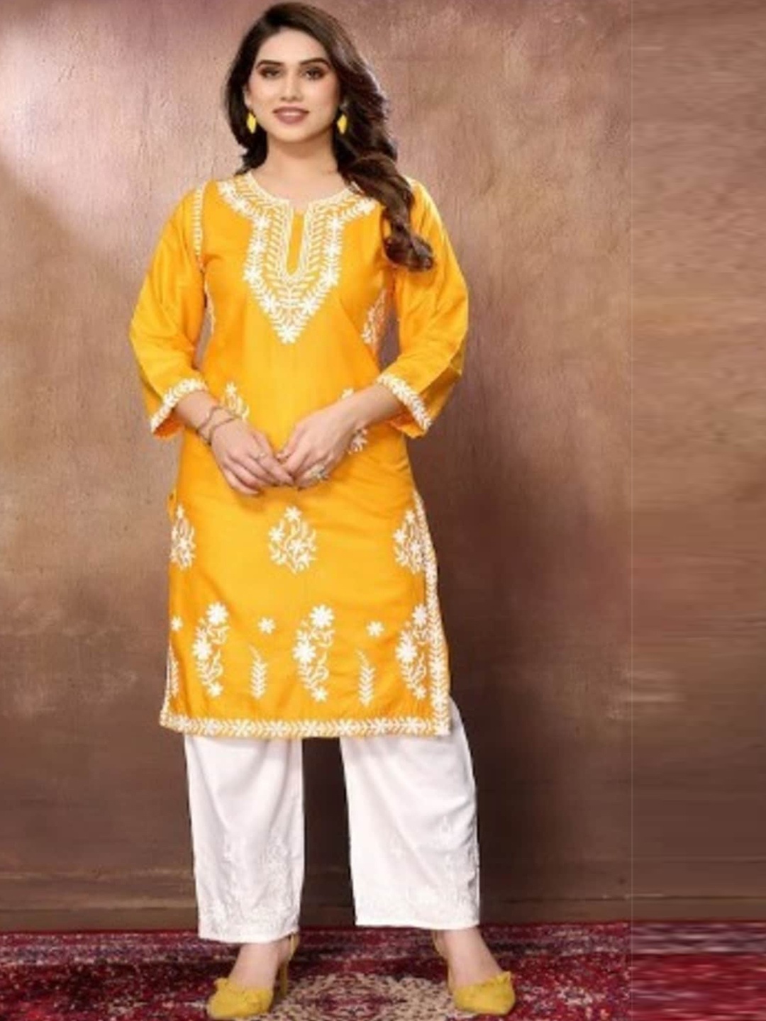 

Rujave Embroidered Straight Kurta With Palazzo, Yellow