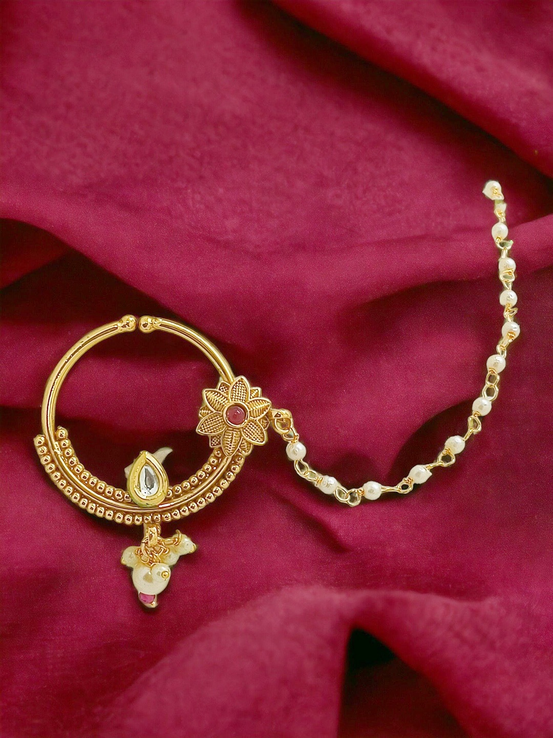 

FEMMIBELLA Gold-Plated Artificial Stones and Beads Ring Nosepin