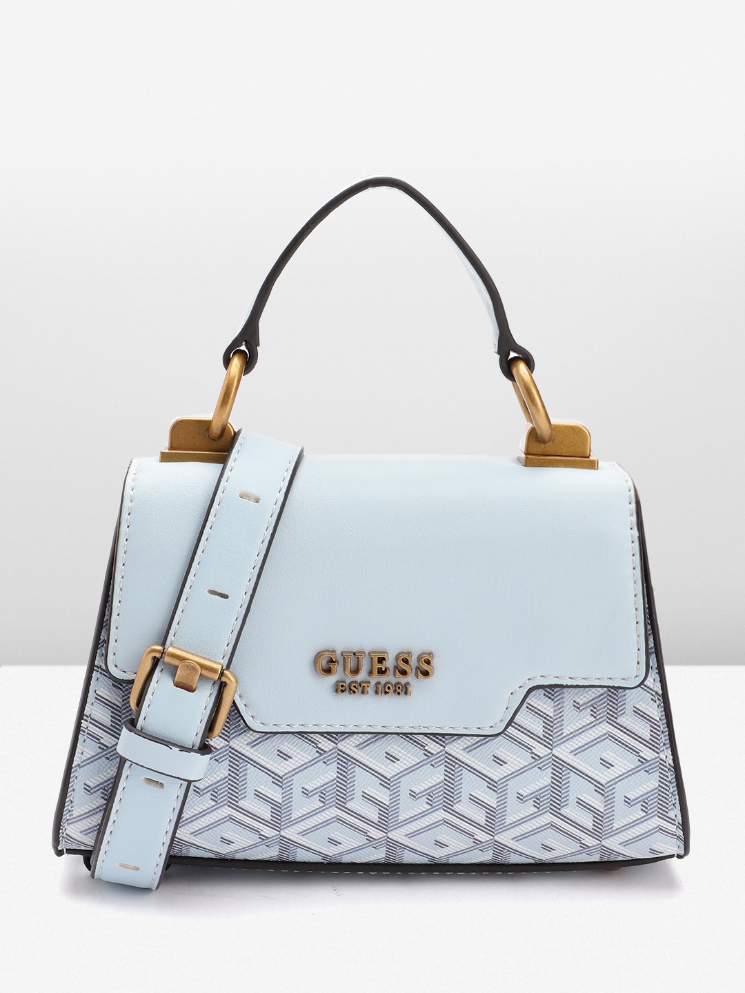 GUESS Brand Logo Printed PU Structured Satchel, Blue