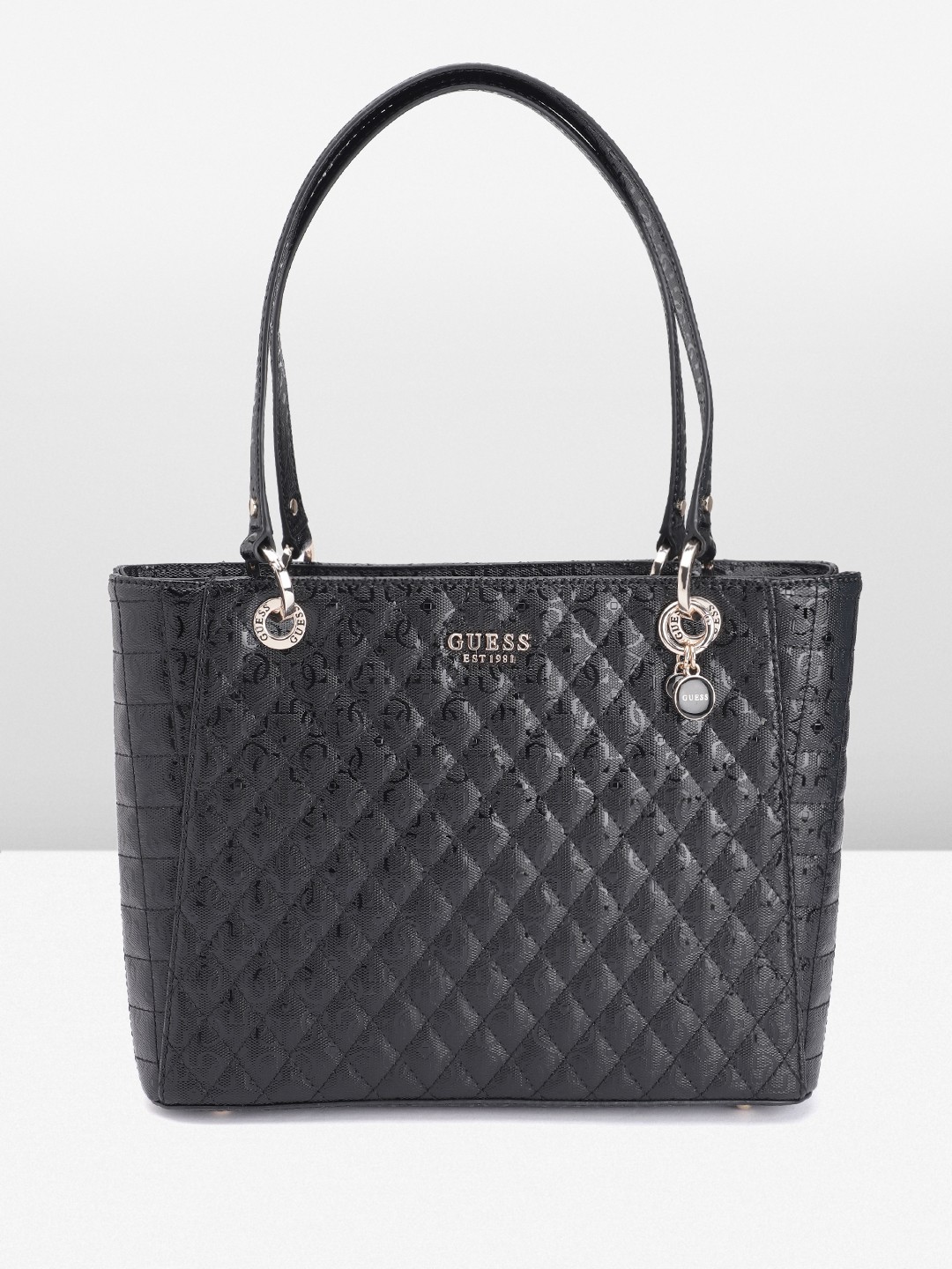 

GUESS Brand Logo Printed PU Structured Shoulder Bag with Quilted Detail, Black