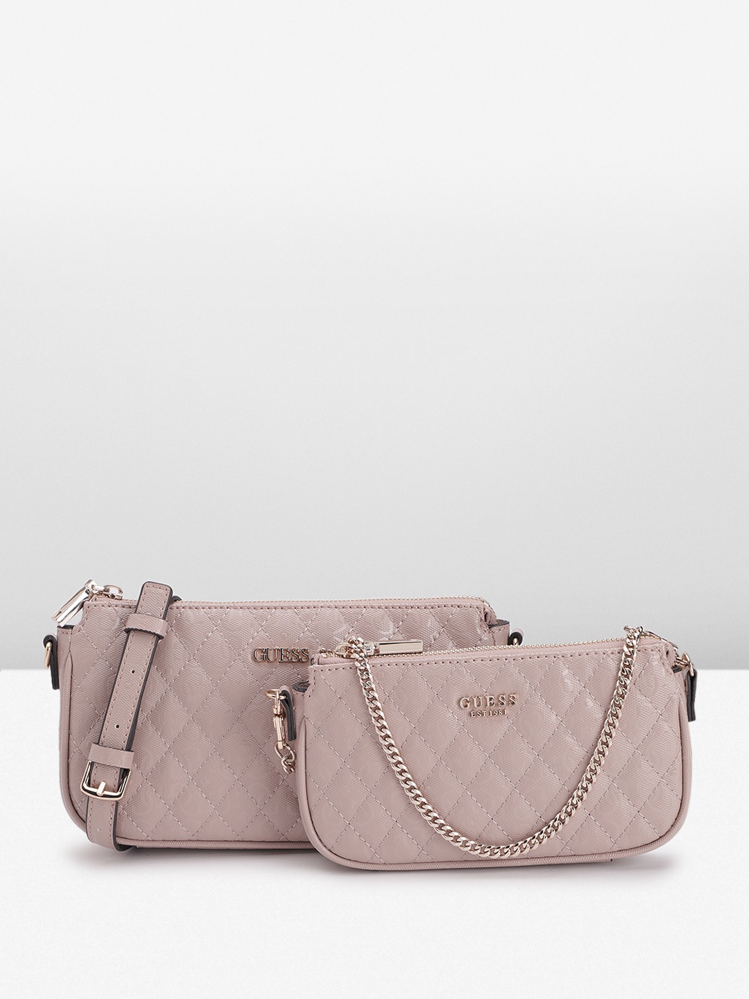 

GUESS Brand Logo Textured PU Sling Bag with Detachable Pouch, Pink