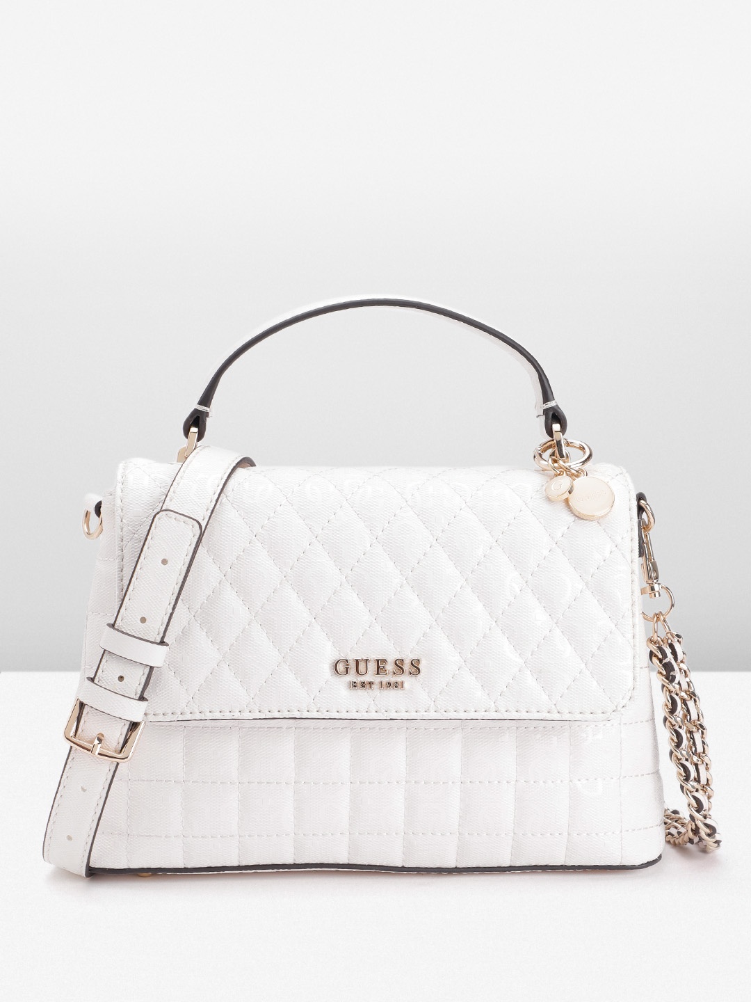 

GUESS Brand Logo Textured PU Satchel Bag with Quilted Detail, White