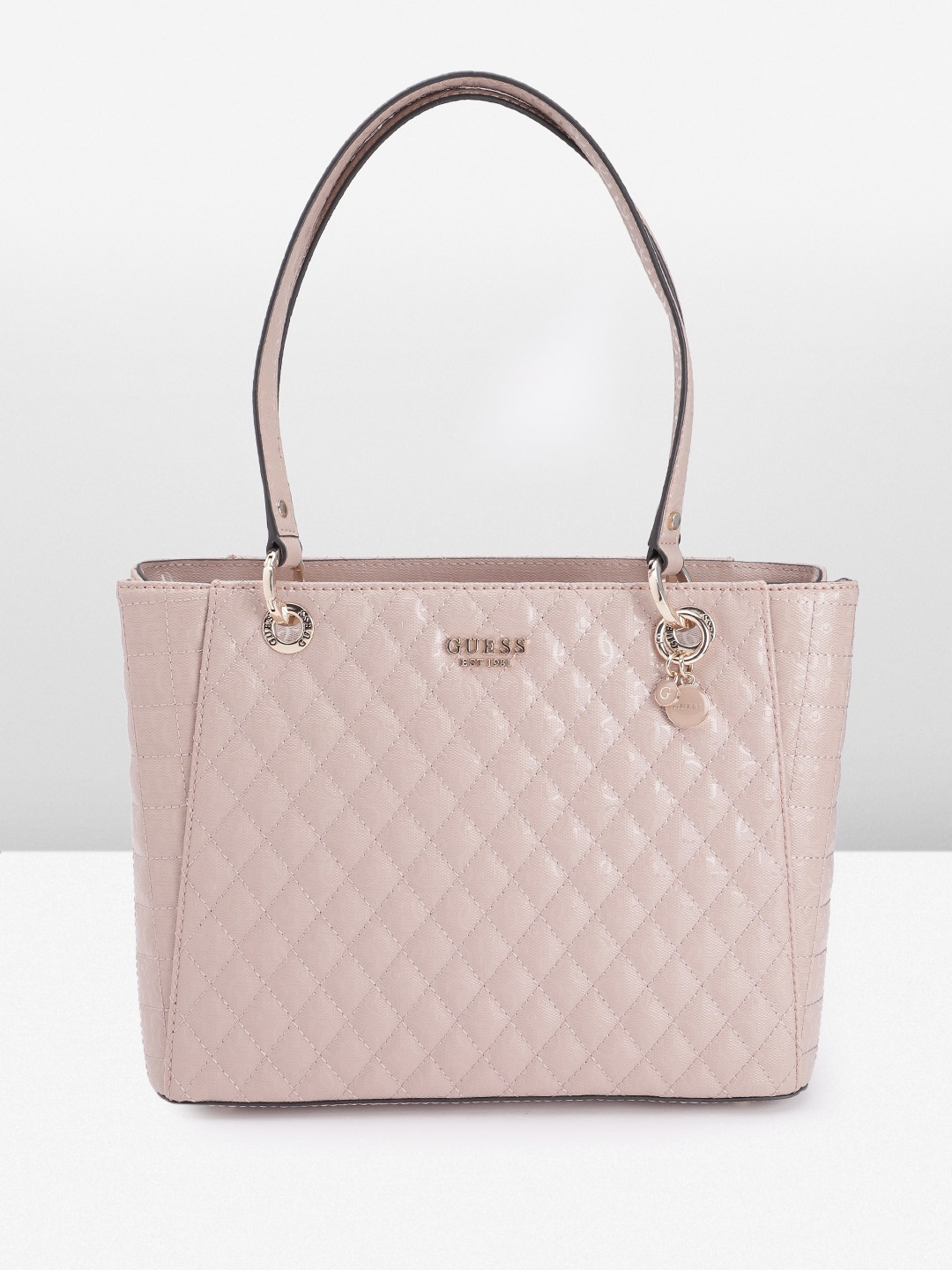 

GUESS Brand Logo Textured PU Structured Shoulder Bag with Quilted Detail, Pink