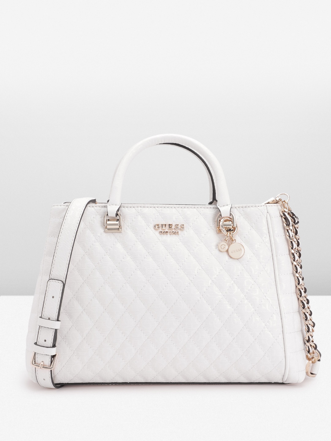 

GUESS Printed Brand Logo PU Structured Handheld Bag with Quilted Detail, White