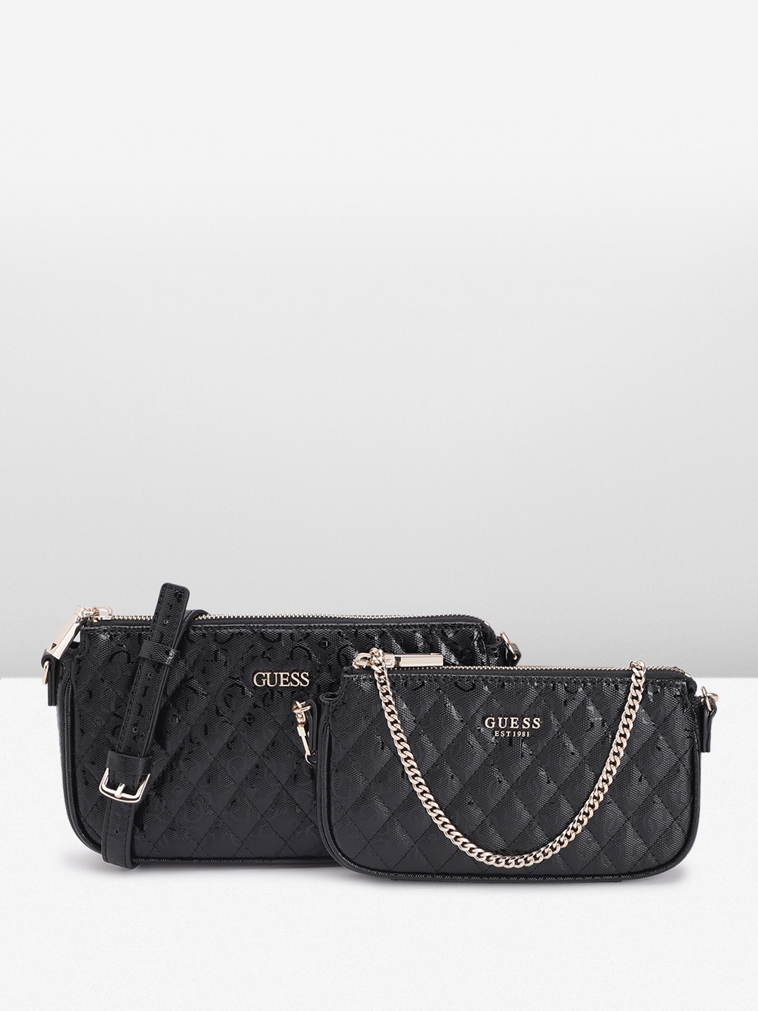 

GUESS Brand Logo Textured PU Sling Bag with Detachable Pouch, Black