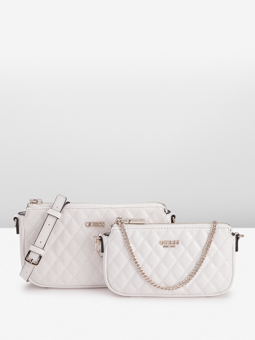 

GUESS Brand Logo Textured PU Sling Bag with Detachable Pouch, White