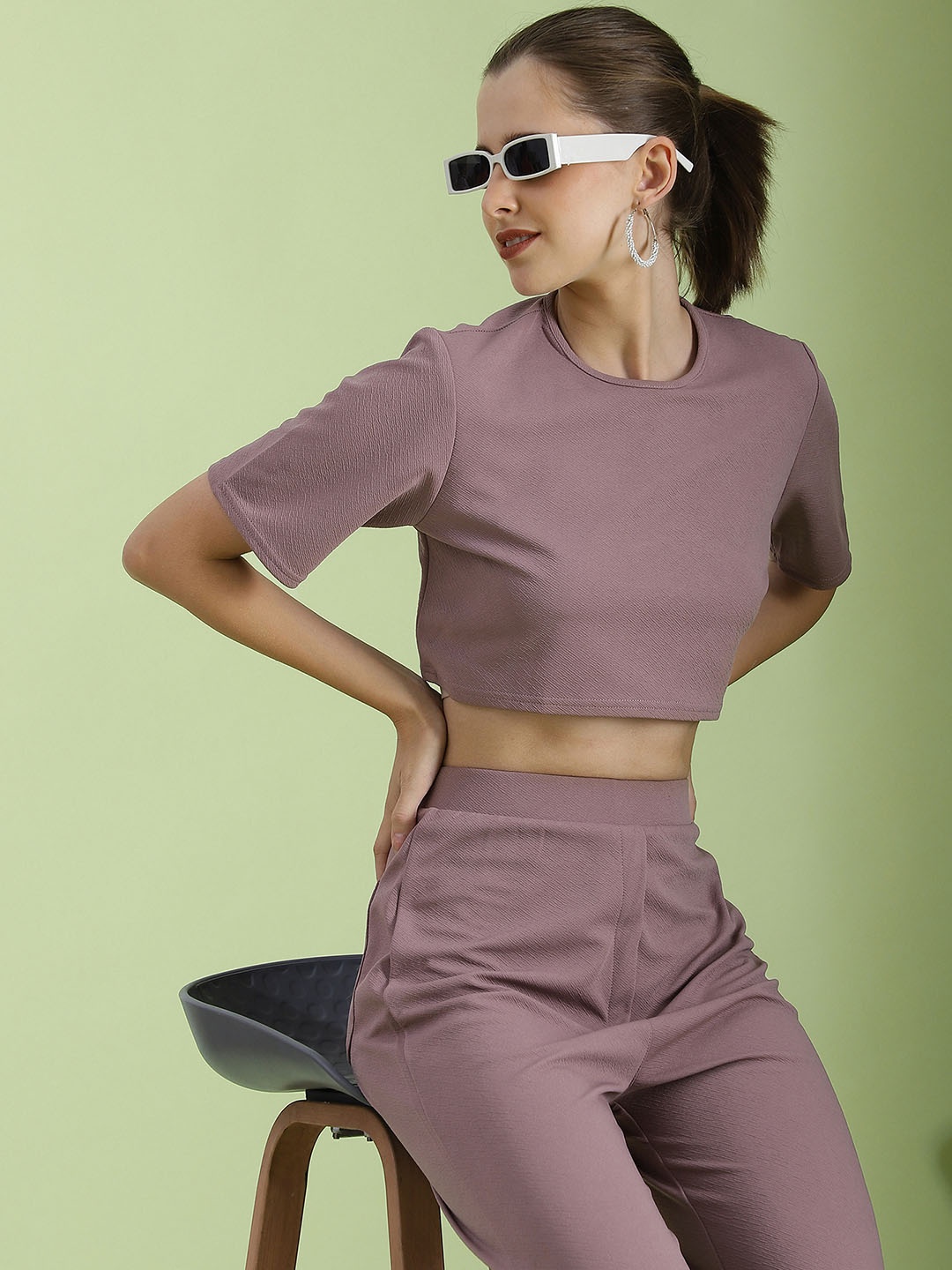 

Selvia Self Design Round Neck Top & Flared Trouser Co-Ords, Mauve
